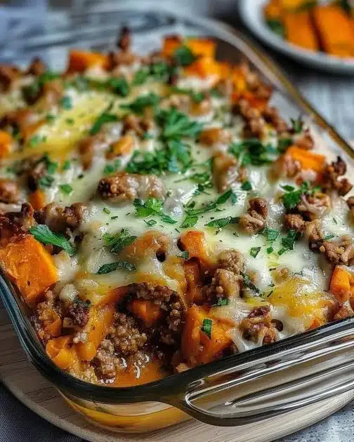 Ground Turkey Sweet Potato Bake dish topped with fresh herbs