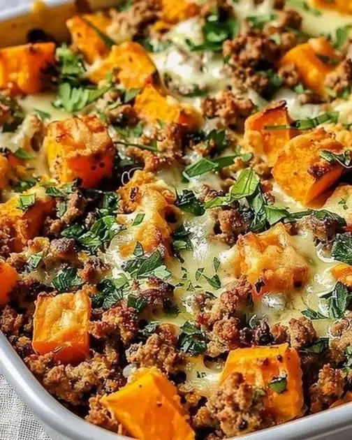 Ground turkey sweet potato bake in a casserole dish garnished with herbs.