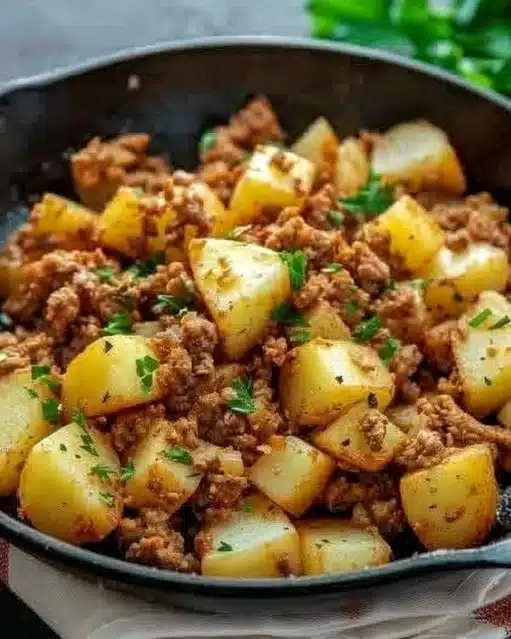 Delicious ground turkey with potatoes skillet dish served in a pan