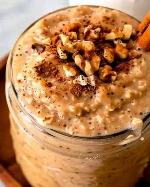 High protein pumpkin overnight oats in a glass bowl with spices