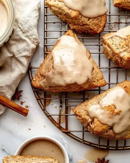 Delicious homemade chai scones drizzled with maple chai glaze on a rustic table