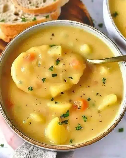 A bowl of homemade German potato soup garnished with fresh herbs.