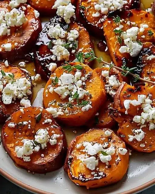 Honey Feta Sweet Potato Rounds served on a platter