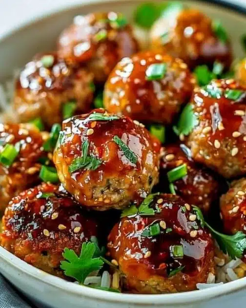 Honey Garlic Turkey Meatballs served on a plate with garnish