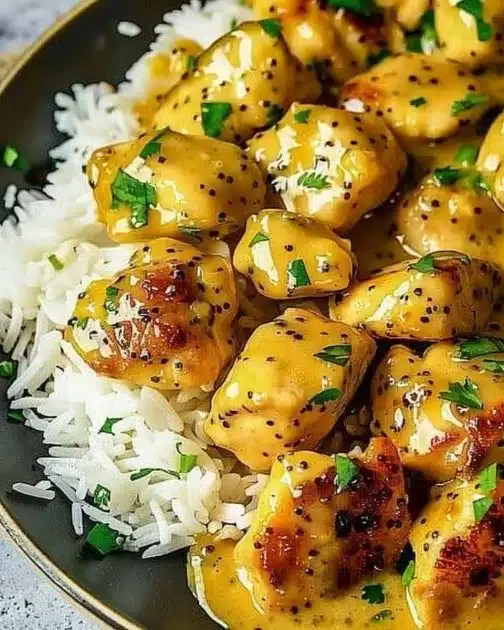 Plate of honey mustard chicken with rice garnished with herbs