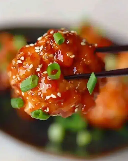 Delicious Honey Sesame Chicken with sesame seeds and honey glaze.