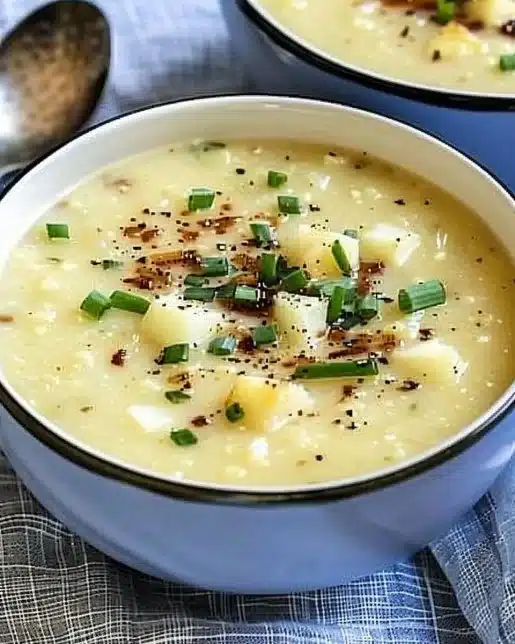 Bowl of creamy Irish Potato Soup garnished with fresh herbs