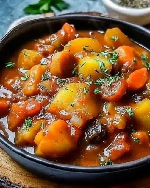 Bowl of Irish vegetarian stew with fresh vegetables and herbs