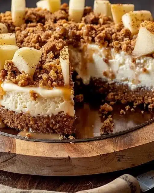 Slice of irresistible apple crumble cheesecake on a plate