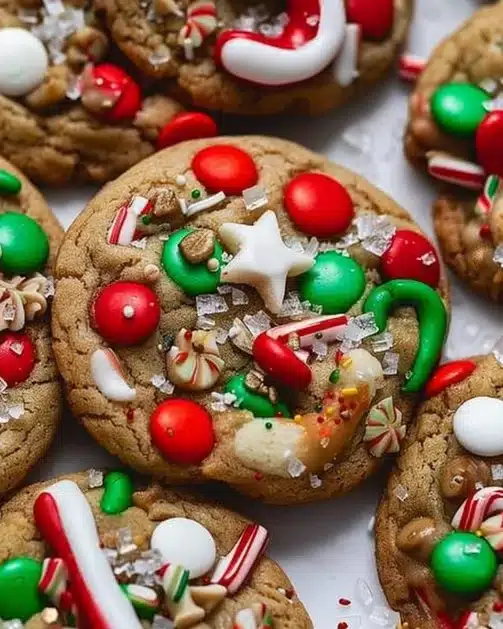 A plate of colorful Kitchen Sink Christmas Cookies filled with festive ingredients.