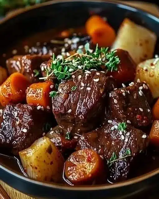 Plate of Korean Style Pot Roast garnished with herbs and vegetables
