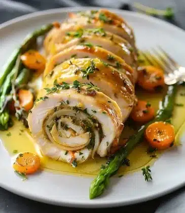 Delicious Lemon Thyme Chicken Roulade served on a plate with fresh herbs