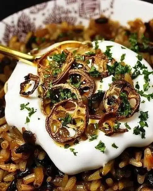 Delicious bowl of lentils and rice with herbs and spices