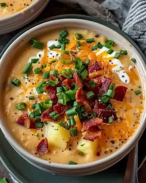 Bowl of loaded baked potato soup topped with cheese, bacon, and green onions.