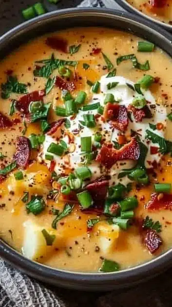 Bowl of loaded baked potato soup topped with cheese, bacon, and green onions