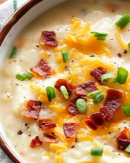 Bowl of creamy loaded potato soup topped with cheese, bacon, and green onions