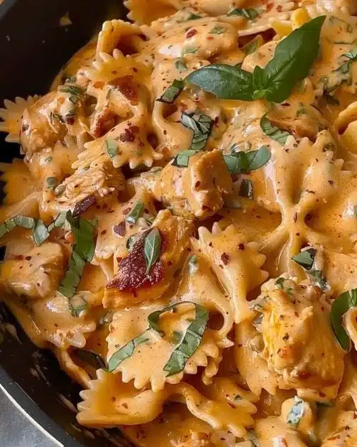 Delicious plate of Marry Me Chicken Pasta garnished with basil.