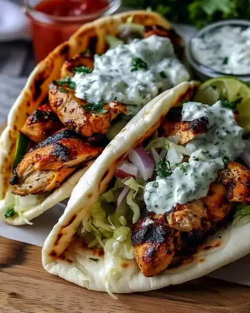 Delicious Mediterranean Chicken Gyros topped with Feta Tzatziki sauce