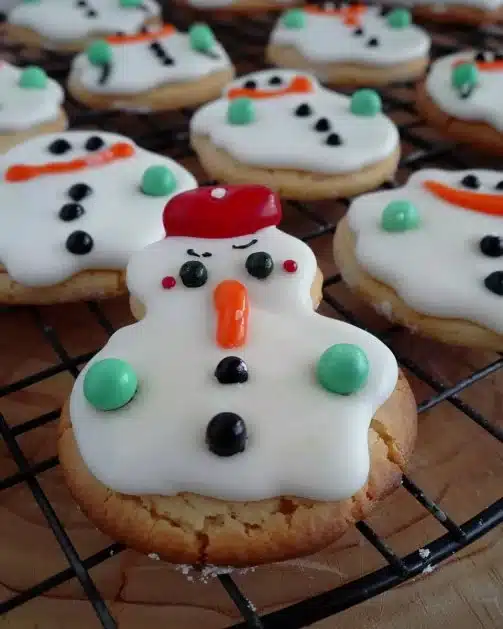 Cute and festive melted snowman biscuits decorated for winter celebrations