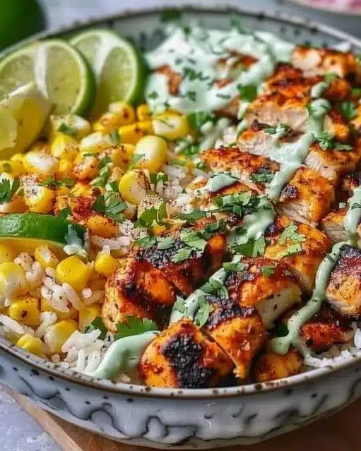 Mexican street corn chicken rice bowl topped with cilantro and lime.