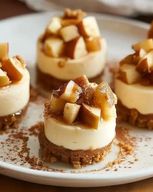 Delicious mini cheesecake apple crisp dessert topped with apple slices and crumble.