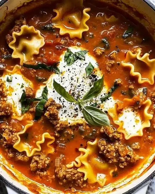 A bowl of mouthwatering one pot lasagna soup topped with cheese and herbs.