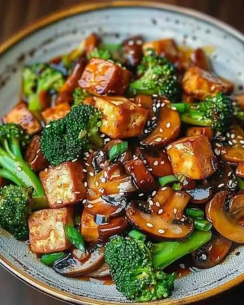 Sautéed mushrooms and tofu in a colorful stir-fry dish