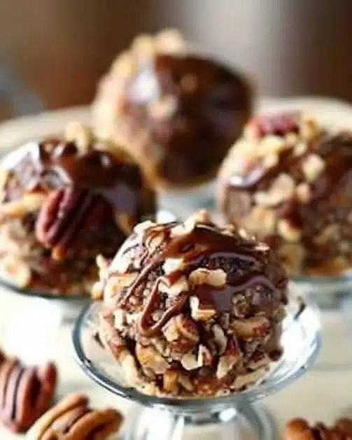 No bake pecan pie balls served on a plate with pecans and chocolate drizzle