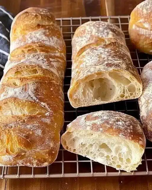 Freshly baked No-Knead Ciabatta with a light and airy crumb on a wooden board