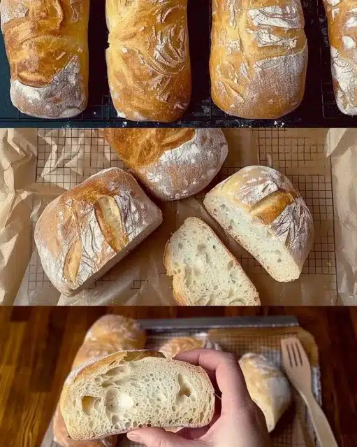 No-knead ciabatta bread showing a light and airy crumb texture.