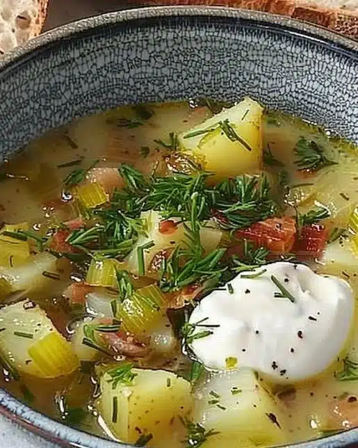 Bowl of Nordic Potato Leek Soup garnished with fresh herbs