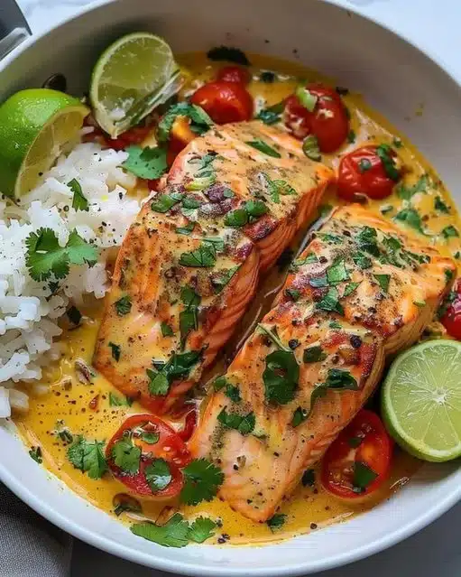One-Pan Coconut Curry Salmon cooked with Garlic Butter for a flavorful dish