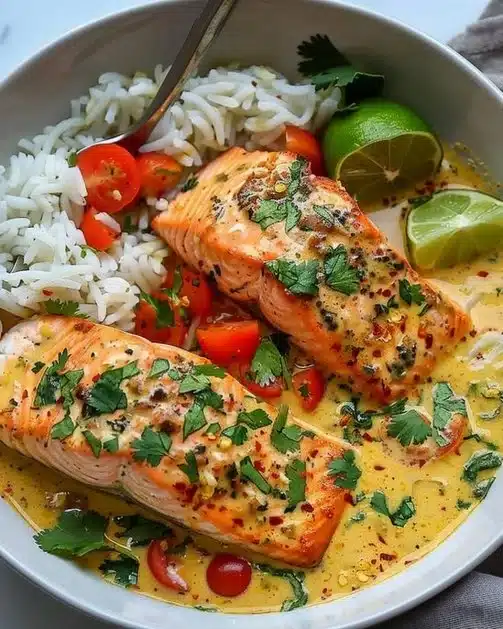 One-Pan Coconut Curry Salmon recipe with garlic butter sauce