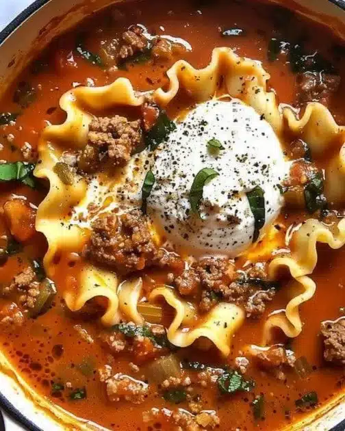 Bowl of One Pot Lasagna Soup garnished with cheese and herbs