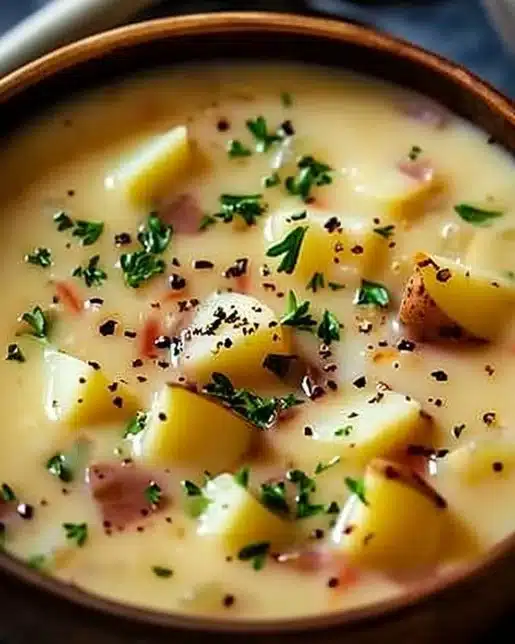 Bowl of Outback potato soup topped with chives and bacon bits