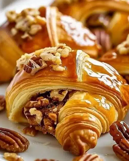 Pecan pie crescent rolls on a rustic wooden table