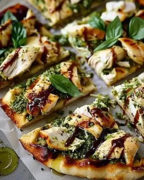 Pesto chicken flatbread topped with fresh basil and mozzarella cheese
