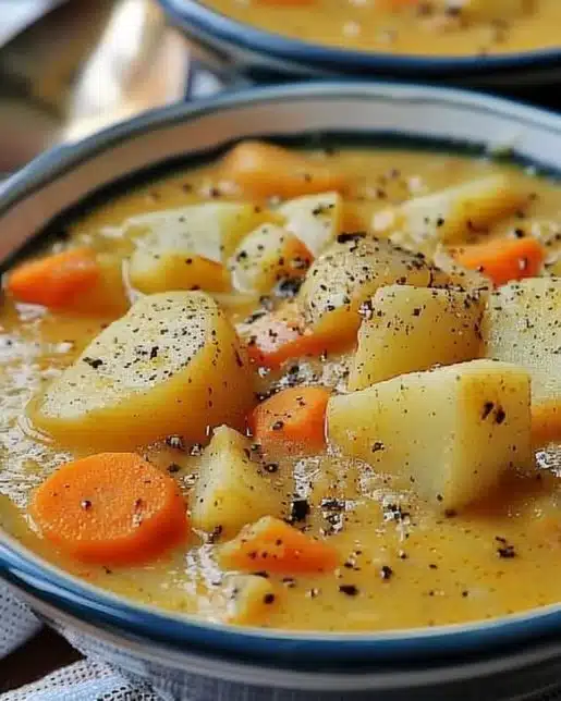 Delicious bowl of homemade Potato Carrot Leek Soup garnished with fresh herbs.