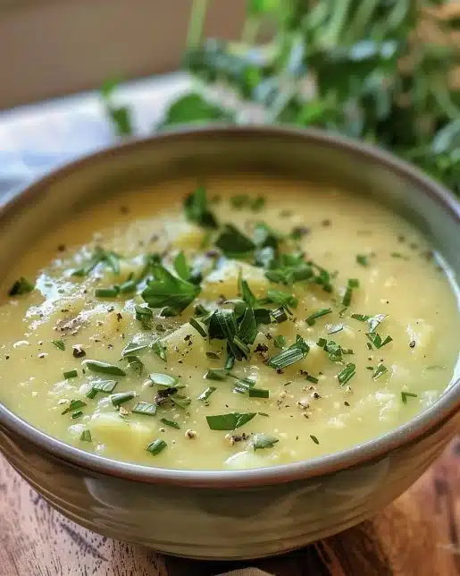 A bowl of creamy Potato Leek Soup garnished with fresh herbs.