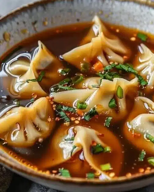 Bowl of delicious Potsticker Soup with dumplings and fresh vegetables
