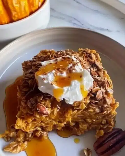 Bowl of pumpkin baked oatmeal topped with nuts and spices.