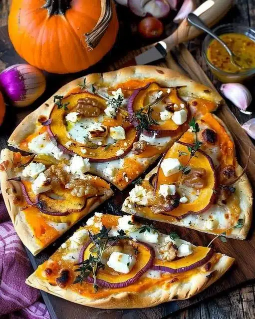 Delicious Pumpkin Flammkuchen topped with herbs and cheese, perfect for autumn.