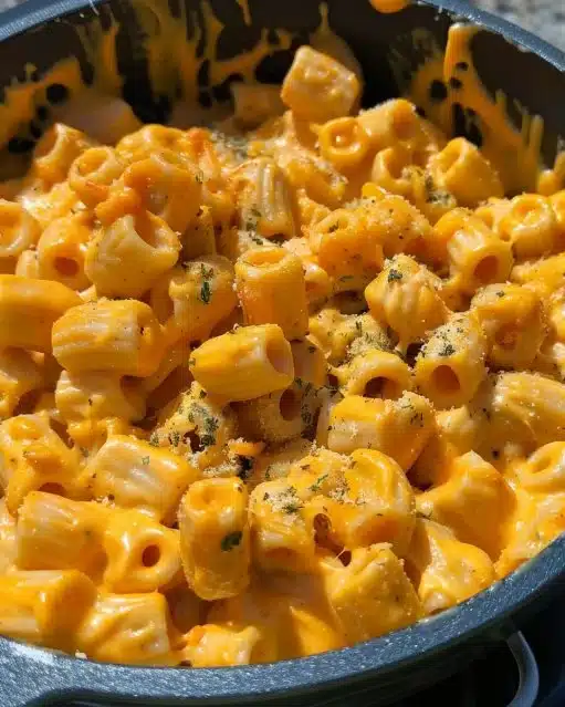 Delicious Pumpkin Mac and Cheese dish topped with herbs and cheese