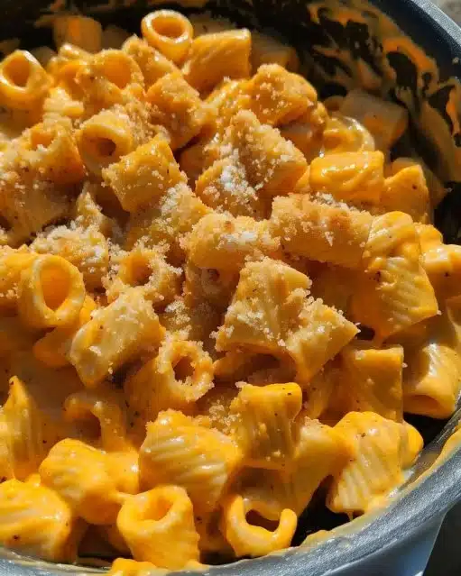Creamy Pumpkin Mac and Cheese topped with herbs in a bowl