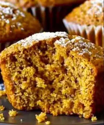 Freshly baked pumpkin muffins with a warm, spiced aroma in a rustic setting.