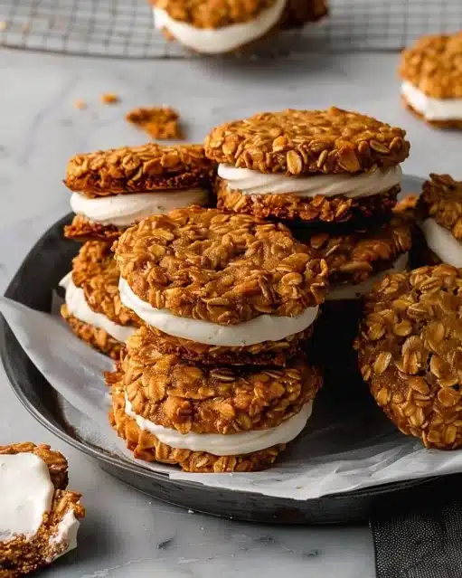 Pumpkin Oatmeal Cream Pies with creamy filling between oatmeal cookies