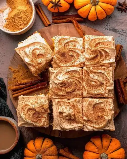 Slice of Pumpkin Spice Latte Cake topped with whipped cream and cinnamon