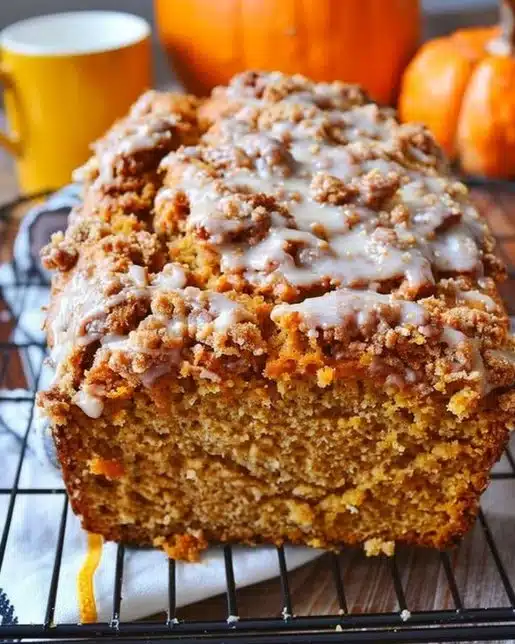 Loaf of freshly baked Pumpkin Streusel Bread with a crispy topping