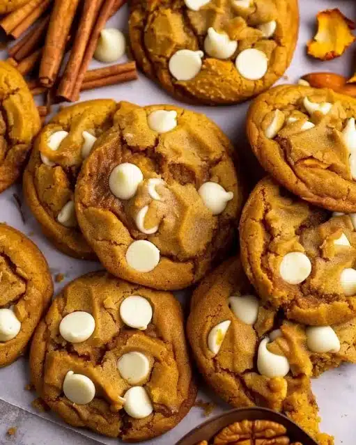 Pumpkin white chocolate chip cookies on a rustic wooden table.
