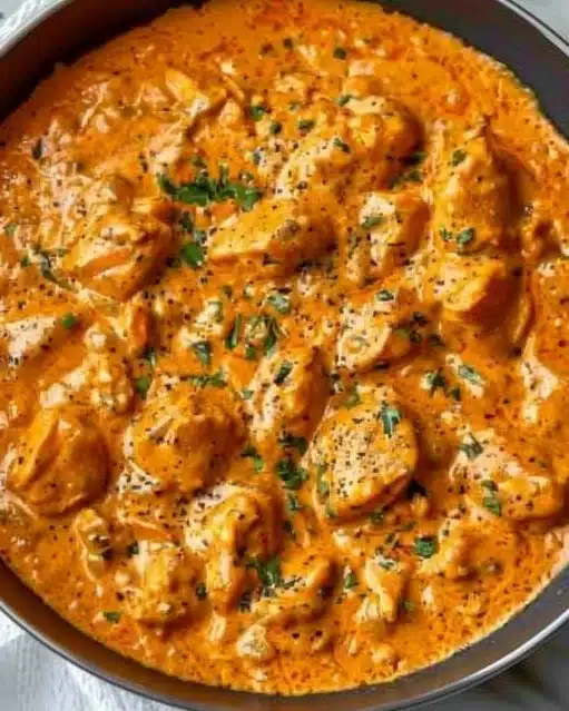 Delicious homemade butter chicken served with rice and naan.